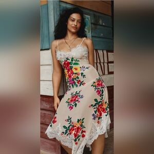 Anthropologie Sleeveless V-Neck Lace Floral Slip Midi Dress